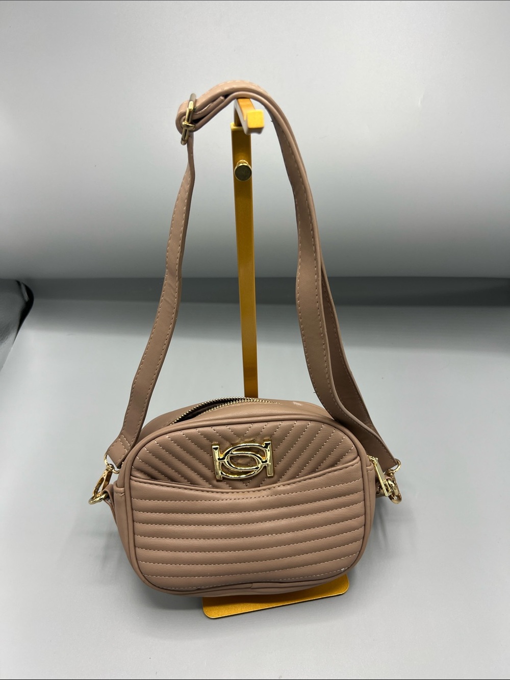 Bebe los angeles Quilted Taupe Crossbody Bag with Gold Accent